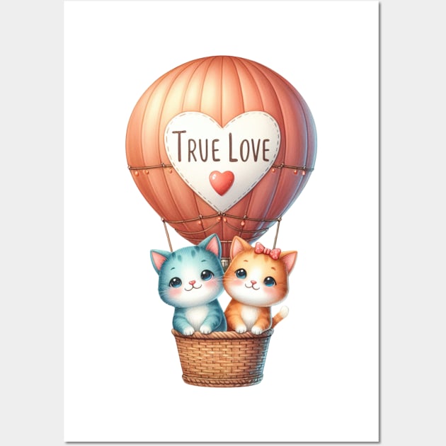 Valentine Cat Couple On Hot Air Balloon Wall Art by Chromatic Fusion Studio